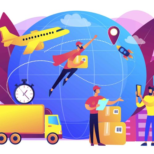Courier carrying order, delivering parcel. Express cargo delivery service, air freight logistics and distribution, global postal mail concept. Bright vibrant violet vector isolated illustration